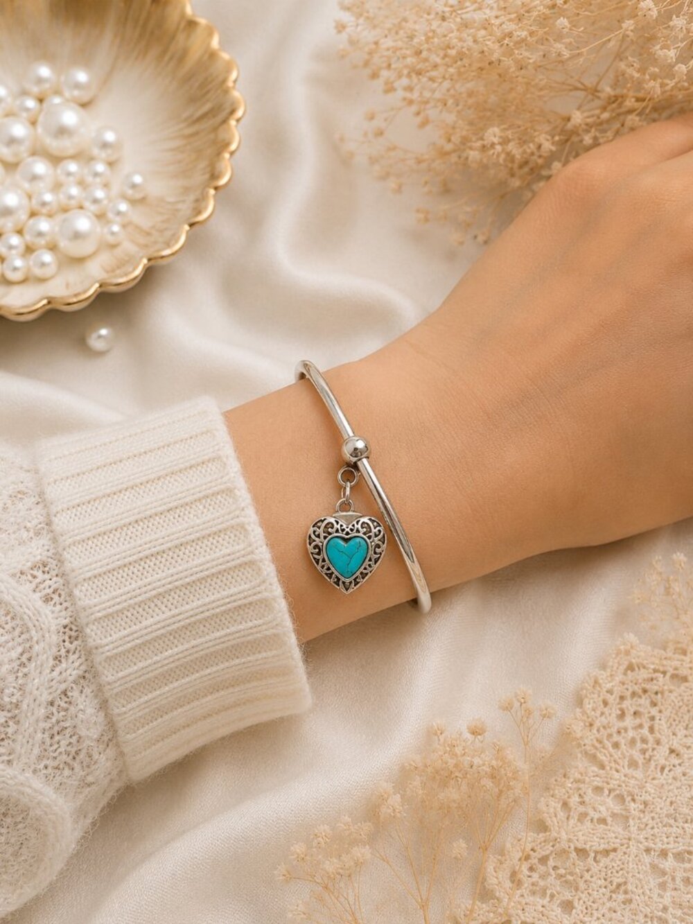 Silver Snap Charm Cuff Bracelet Palm Tree Waves & Turquoise Heart Snaps